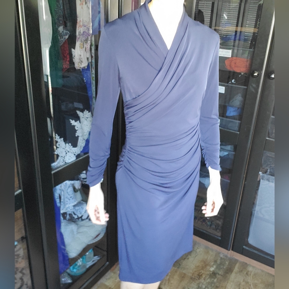 Navy blue super stretchy midi wrap dress with rouching